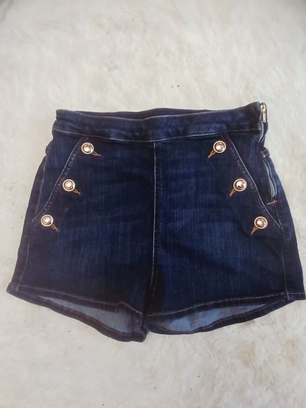 GUESS High Waisted Sailor Denim Shorts Dark Wash Gold Buttons NWOT Size 25